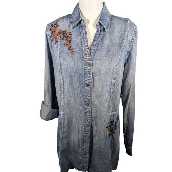 Vintage X America Womens Distressed Chambray Embroidered Jacket Sz L Bust41" - Picture 1 of 11